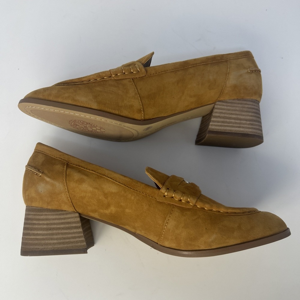 Vince Camuto Carissla Suede Penny Loafer Block Heel Pump Golden Rod 9.5 M NIB - Picture 7 of 11